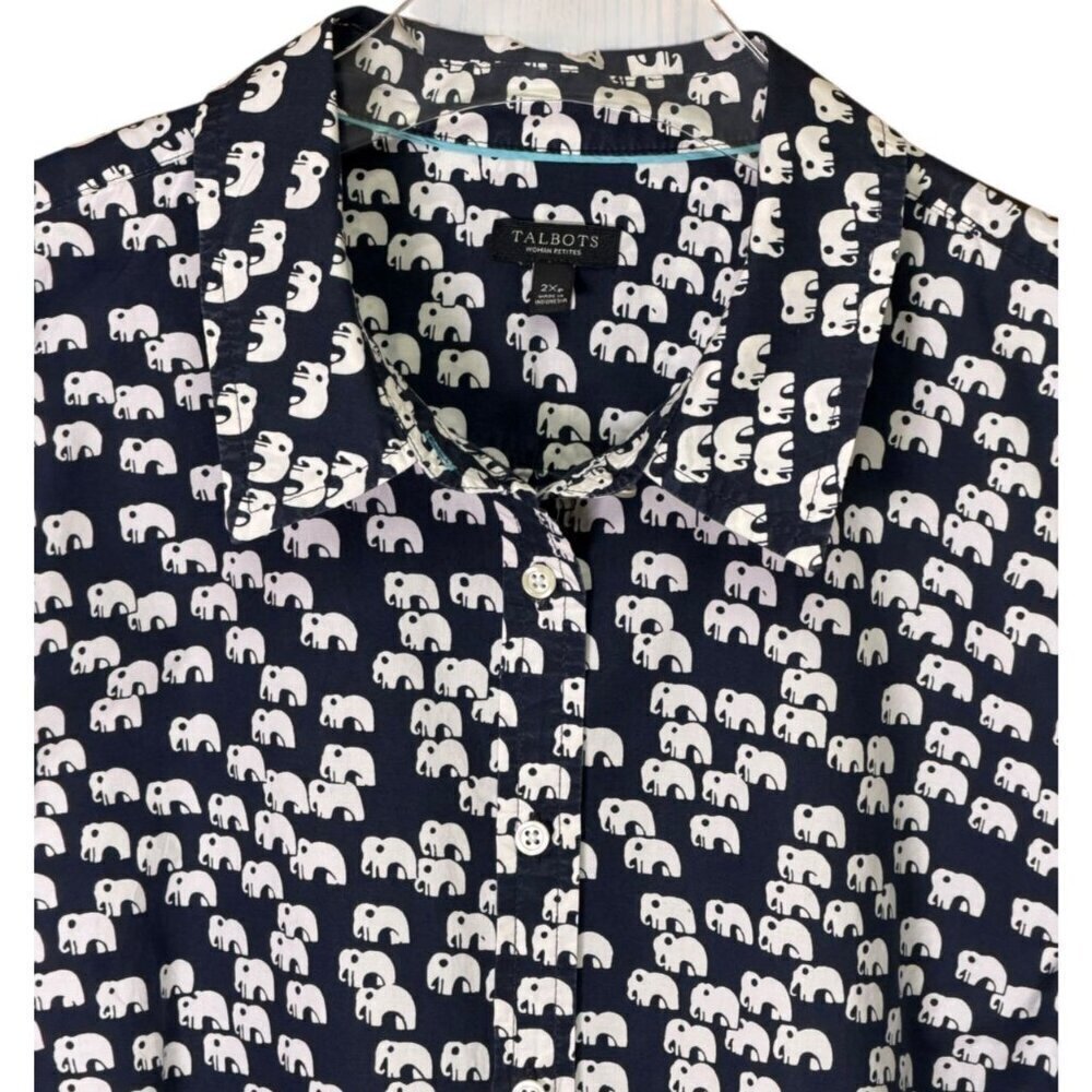 Talbots Elephant Print Button Up Shirt Navy Women Petites 2XP - Picture 4 of 8